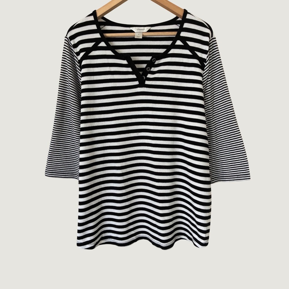 cj banks Womens 3X Black White Striped Waffle Knit Henley 3/4 Sleeve Top Neutral